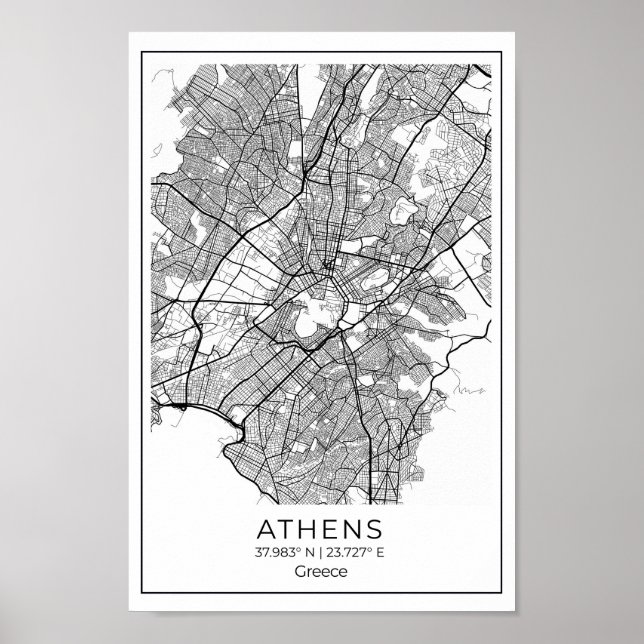 Affiche Carte d'Athènes - Athènes Carte noire et blanche (Devant)