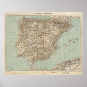 Affiche Carte d'atlas de l'Espagne et du Portugal