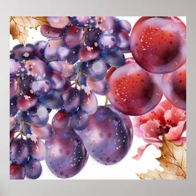 Affiche Carte d'automne à l'aquarelle Raisins Vintage (Devant)