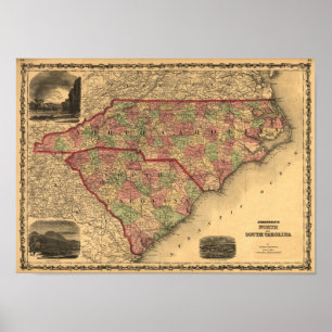 Affiche Carte de 1861 Caroline du Nord et Caroline du Sud