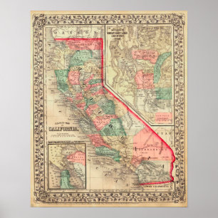 Affiche Carte de 1867, Californie, Vintage
