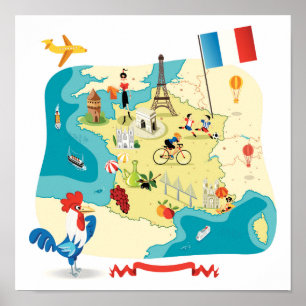 Affiche Carte de bande dessinée de la France