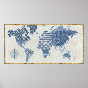 Affiche Carte de batik de bleu d'indigo du monde