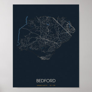 Affiche Carte de Bedford Massachusetts (la nuit)