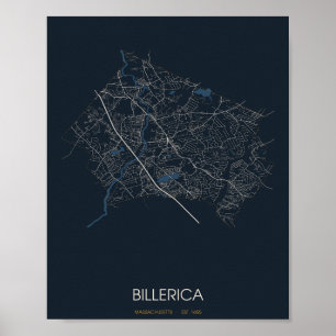 Affiche Carte de Billerica Massachusetts (la nuit)