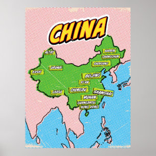 Affiche Carte de Chine illustrée par Pop Art