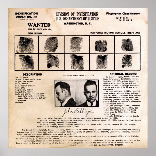 AFFICHE CARTE DE CLASSIFICATION D'EMPREINTE DE DILLINGER 1 (Devant)