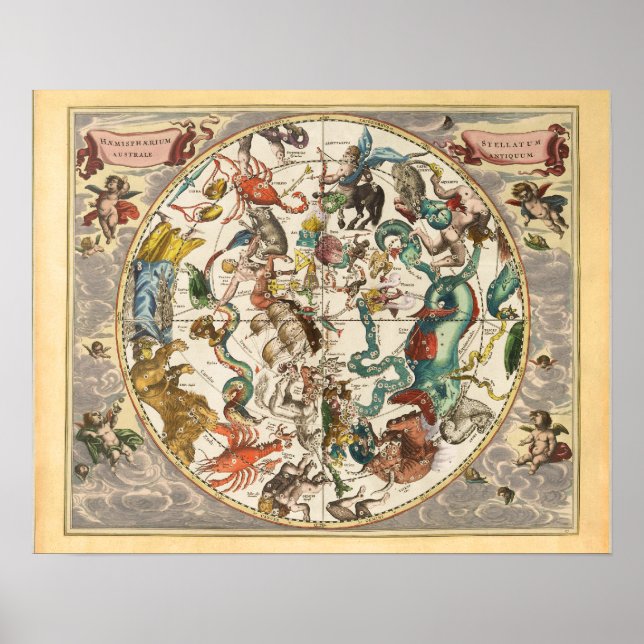 Affiche Carte de constellation de l'étoile Zodiaque vintag (Devant)