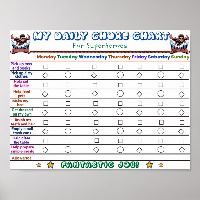 Affiche Carte de corvée quotidienne Superhero pour enfants (Devant)