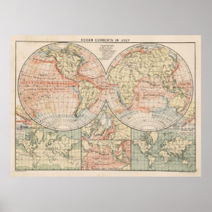 Affiche Carte de courants vintage d'océan du monde (1905)