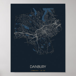 Affiche Carte de Danbury Connecticut (de nuit)