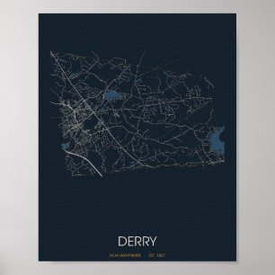 Affiche Carte de Derry, New Hampshire (de nuit)