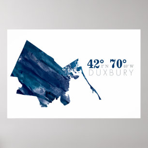 Affiche Carte de Duxbury MA à l'aquarelle bleue avec coord