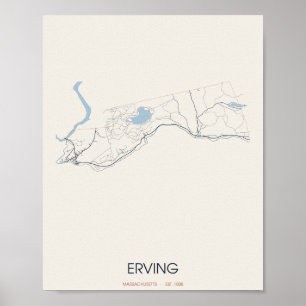 Affiche Carte de Erving Massachusetts – Fondée en 1838
