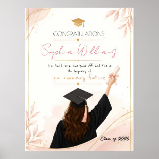 Affiche Carte de fin d'études élégante rose gold et fleurs