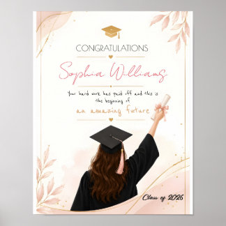 Affiche Carte de fin d'études élégante rose gold et fleurs