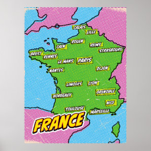 Affiche Carte de France illustrée dans le style Pop Art