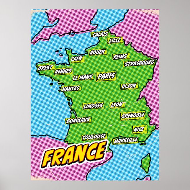 Affiche Carte de France illustrée dans le style Pop Art (Devant)