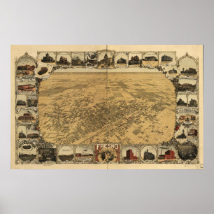 Affiche Carte de Fresno, Oiseau-Oeil View, 1901