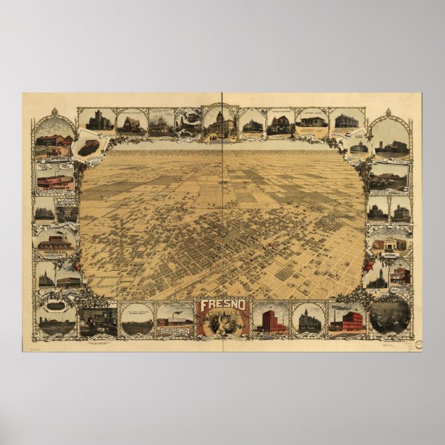 Affiche Carte de Fresno, Oiseaux-Vue, 1901 (Devant)