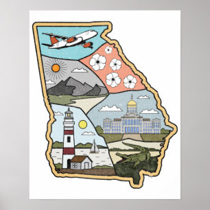 Affiche Carte de Géorgie - Vintage Atlanta Savannah GA Sou