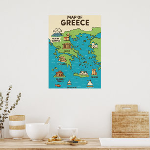 Affiche Carte de Grèce en dessin animé – Monuments illustr