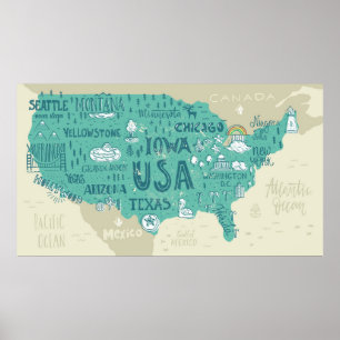 Affiche Carte de griffonnage des Etats-Unis