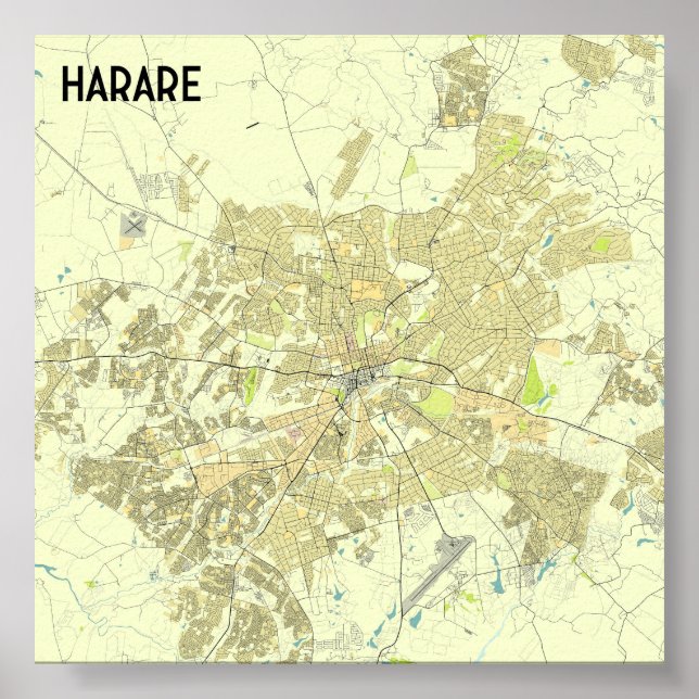 Affiche Carte de Harare Zimbabwe (Devant)