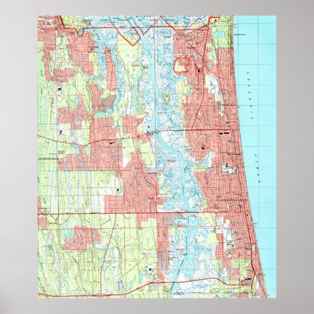 Affiche Carte de Jacksonville Beach et Atlantic Beach Flor (Devant)