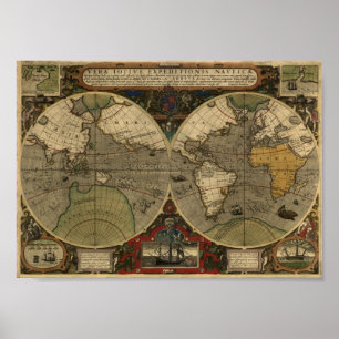 Affiche Carte de Jodocus Hondius 1595 du monde