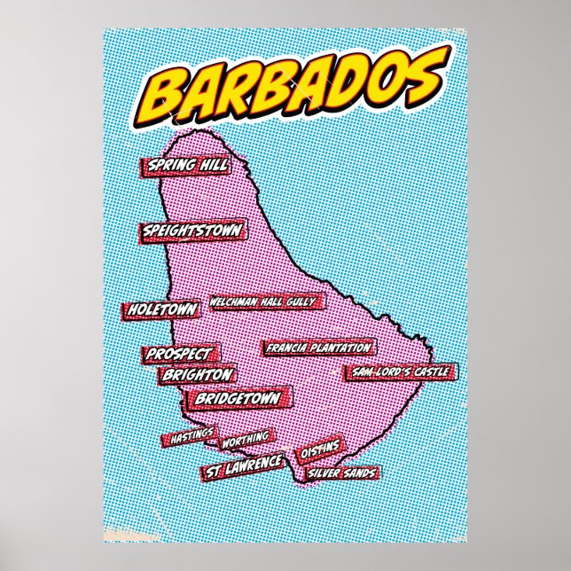 Affiche Carte de la Barbade illustrée dans le style Pop Ar (Devant)