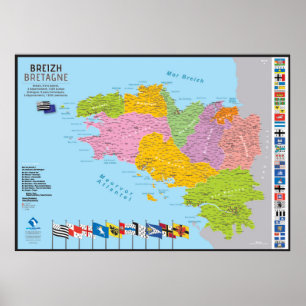 Affiche Carte de la Bretagne, 9 pays, 5 départements