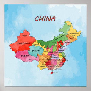 Affiche Carte de la Chine aquarelle