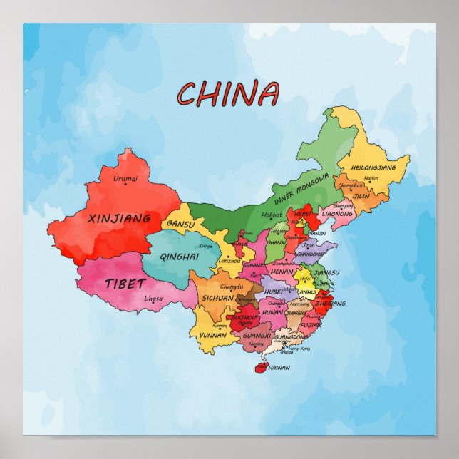 Affiche Carte de la Chine aquarelle (Devant)