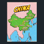 Affiche Carte de la Chine illustrée par Pop Art<br><div class="desc">Pop Art Illustrated China asian map dans un magnifique style vintage usé.</div>