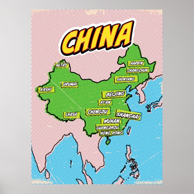 Affiche Carte de la Chine illustrée par Pop Art (Devant)