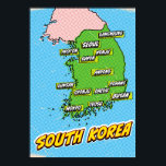 Affiche Carte de la Corée du Sud illustrée par Pop Art<br><div class="desc">Une carte pop art de Corée du Sud avec un arrière - plan bleu vif et un motif pointillé.</div>