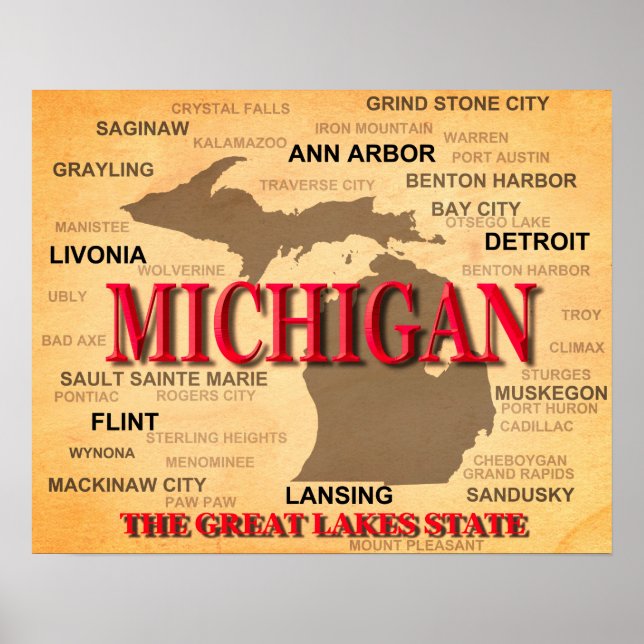 Affiche Carte de la fierté d'état du Michigan Silhouette (Devant)
