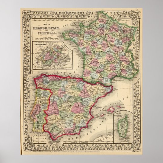 Affiche Carte De La France Espagne Portugal Par Mitchell Zazzle Fr