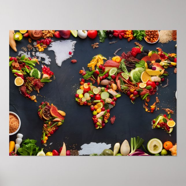 Affiche Carte de la gastronomie mondiale : Top View du Mon (Devant)