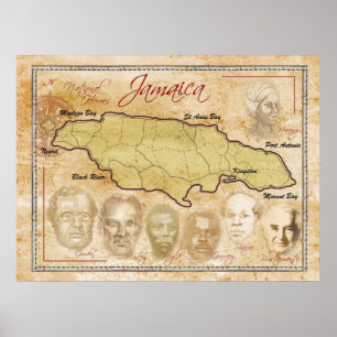 Affiche Carte de la Jamaïque avec les héros nationaux