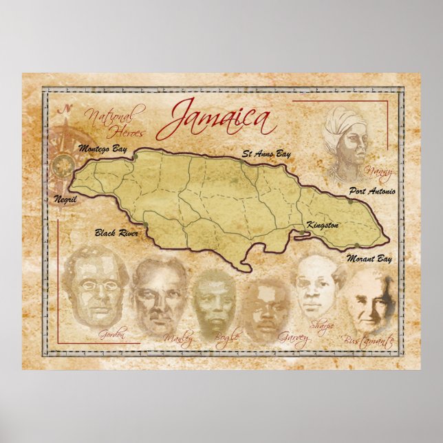 Affiche Carte de la Jamaïque avec les héros nationaux (Devant)