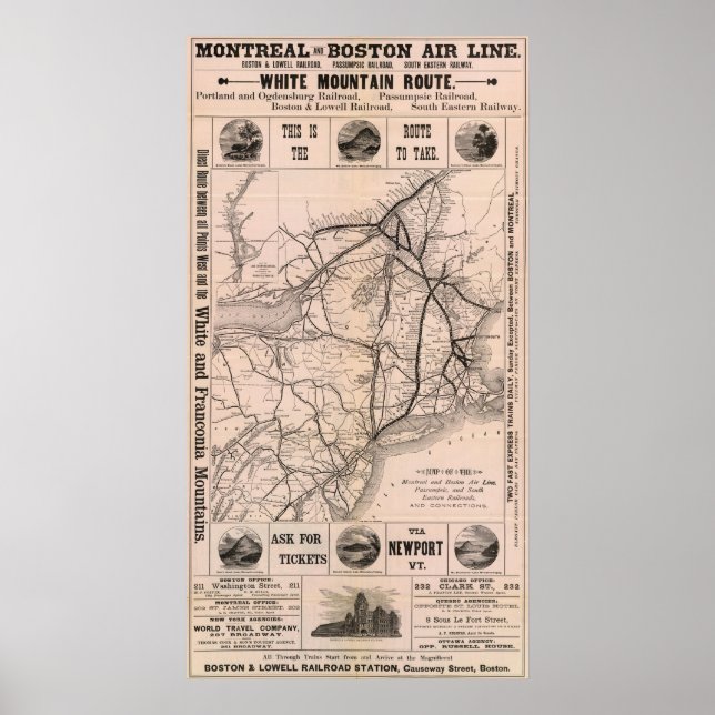 Affiche Carte de la ligne aérienne Montréal et Boston (Devant)