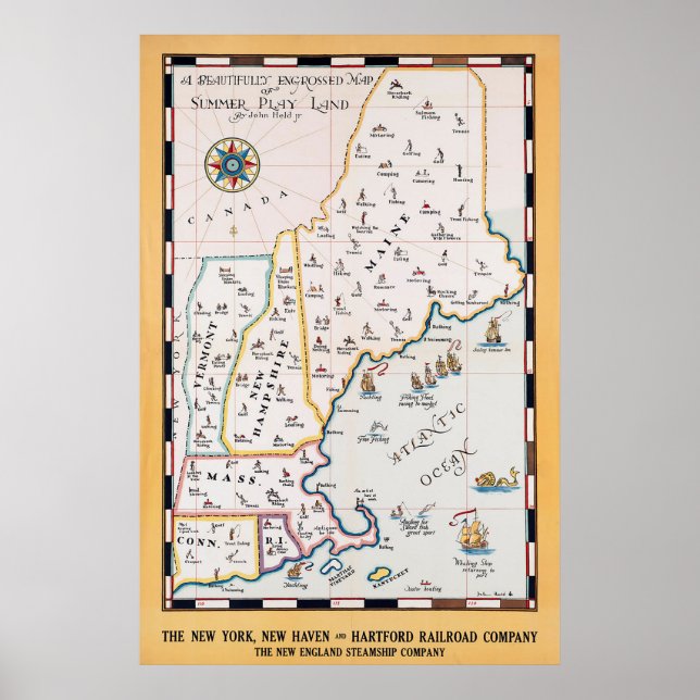 Affiche Carte de la Nouvelle-Angleterre vintage Voyages d' (Devant)
