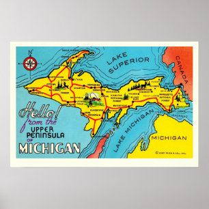 Affiche Carte de la péninsule du Michigan 16x24
