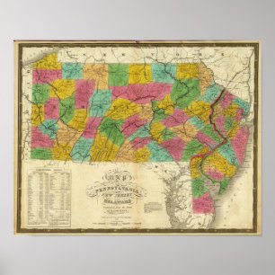 Affiche Carte de la Pennsylvanie, du New Jersey et du Dela