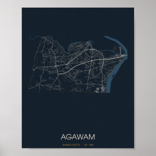 Affiche Carte de la rue d'Agawam Massachusetts (Nuit)