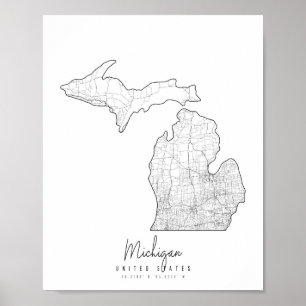 Affiche Carte de la rue minimale du Michigan