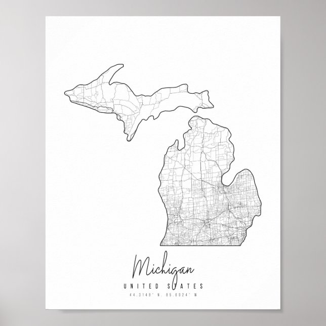 Affiche Carte de la rue minimale du Michigan (Devant)