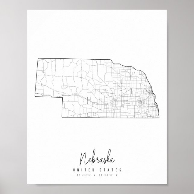 Affiche Carte de la rue minimale du Nebraska (Devant)